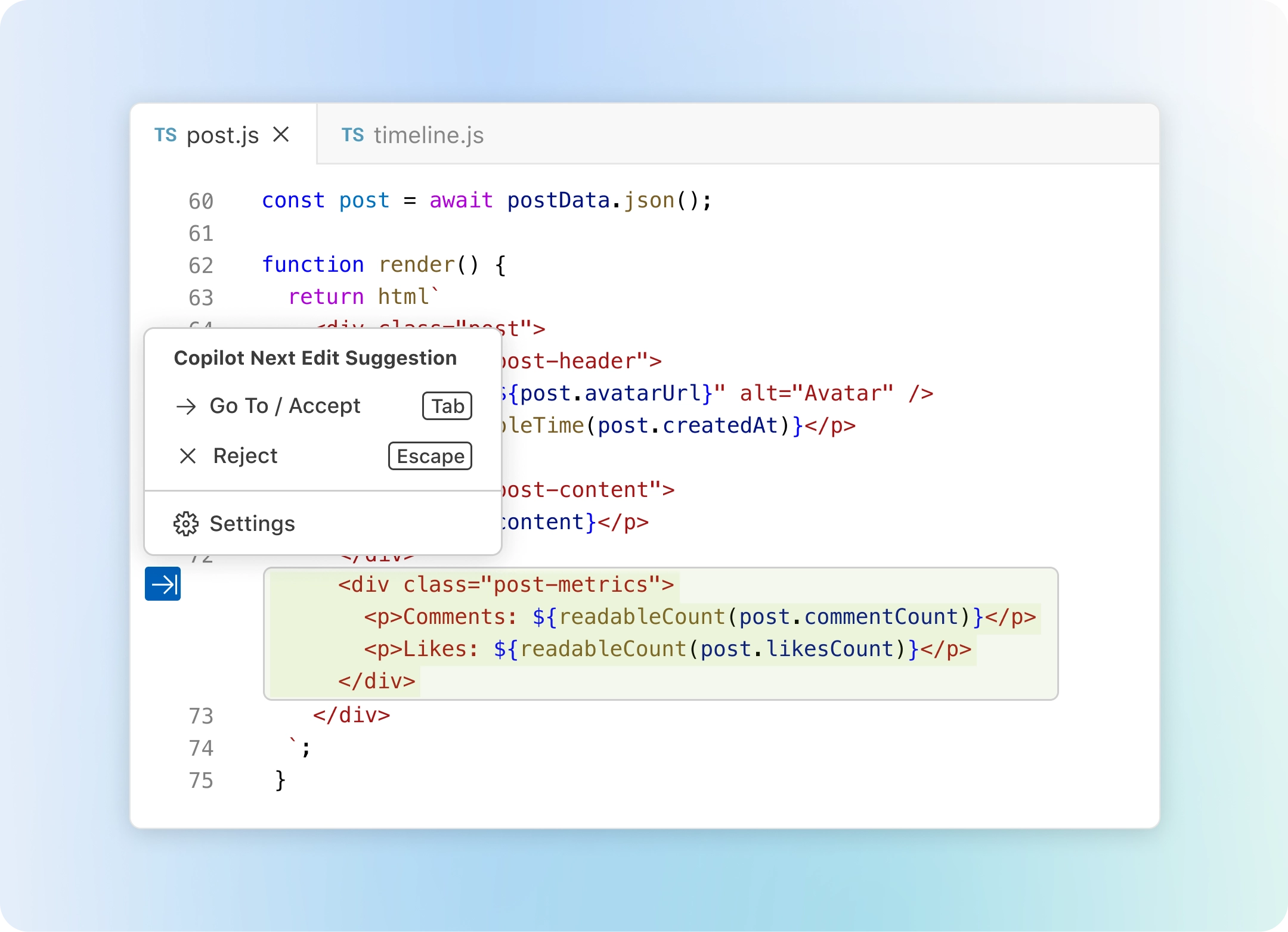 Code editor showing a JavaScript file post.js. It defines a render method that renders a social media post by calling an external API. Next edit suggestions is suggesting how to complete the implementation.